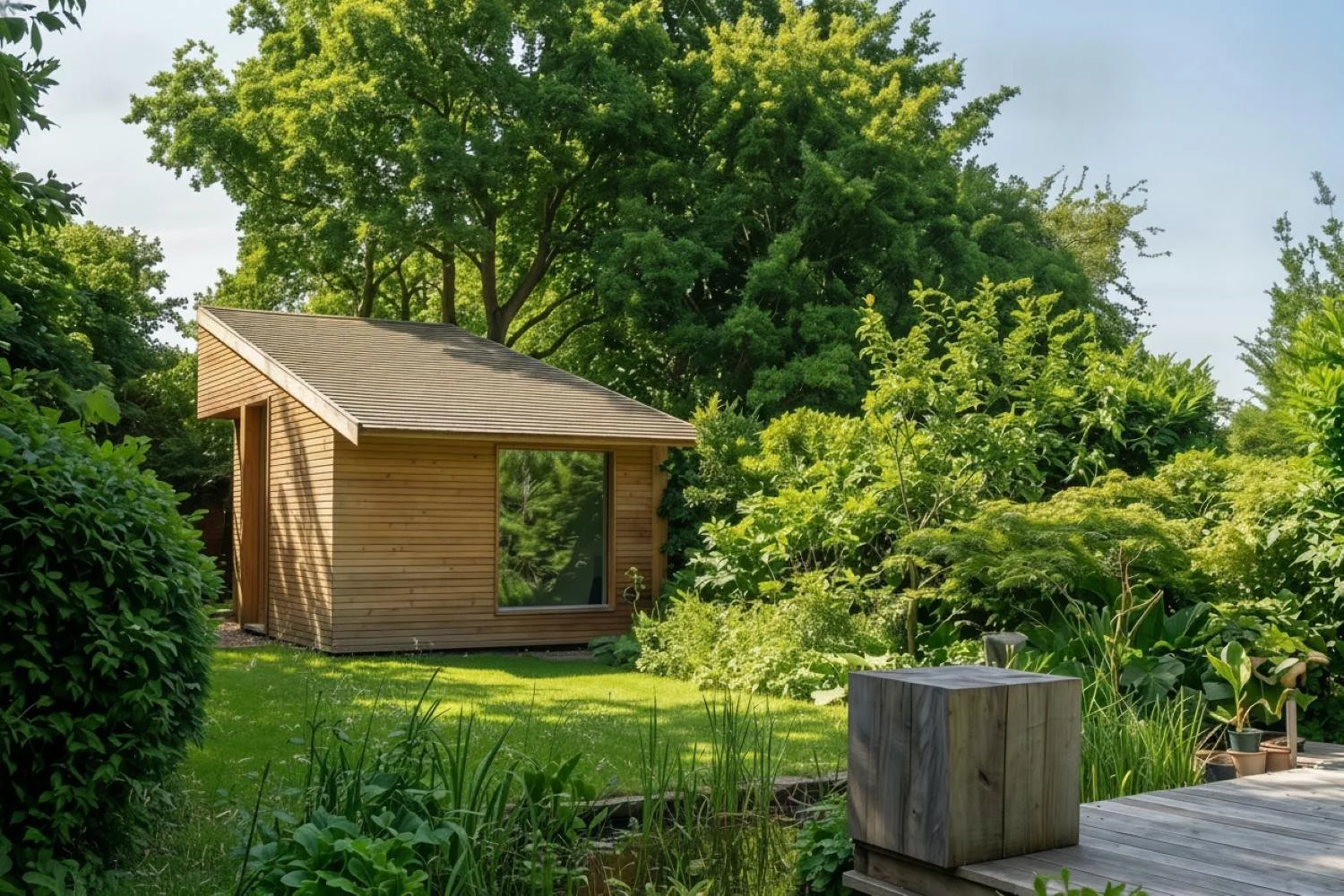 A garden shed combining practical storage and a tranquil garden room, with views of the pond, allotments and canal, beneath a trellis roof intended to support future climbing plants- Edge Architecture