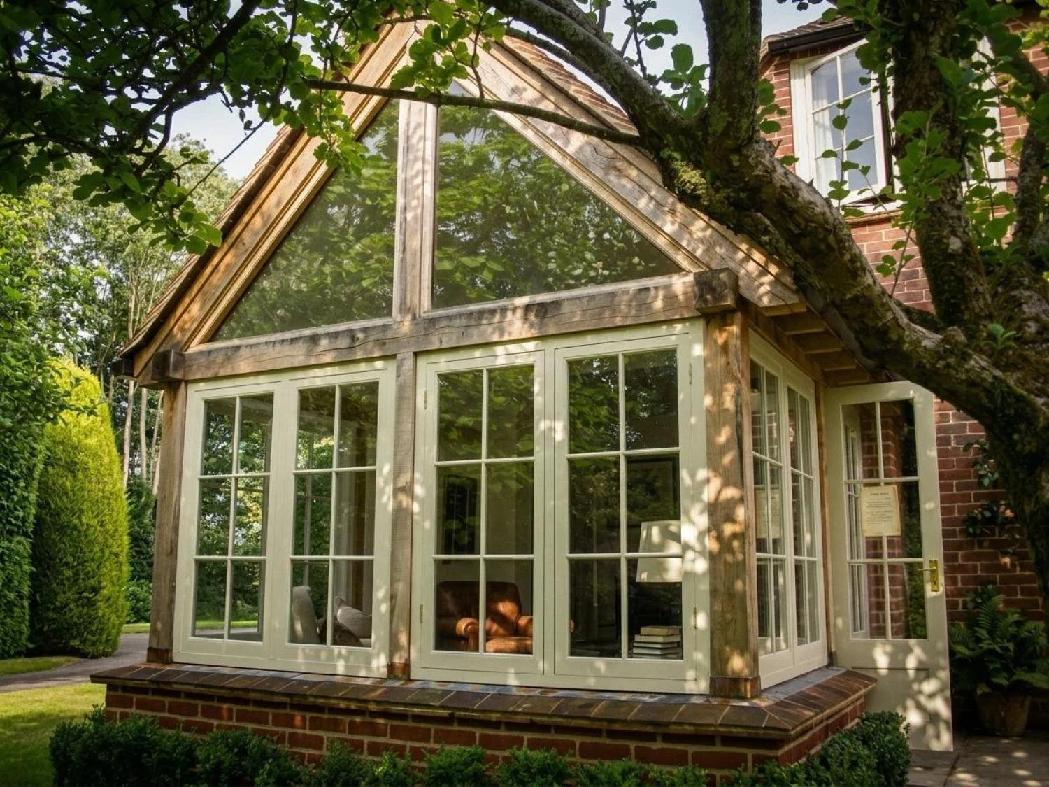 Oak-framed garden room extension in Highclere, Hampshire, creating a light-filled living space with strong connections to the surrounding garden. 
