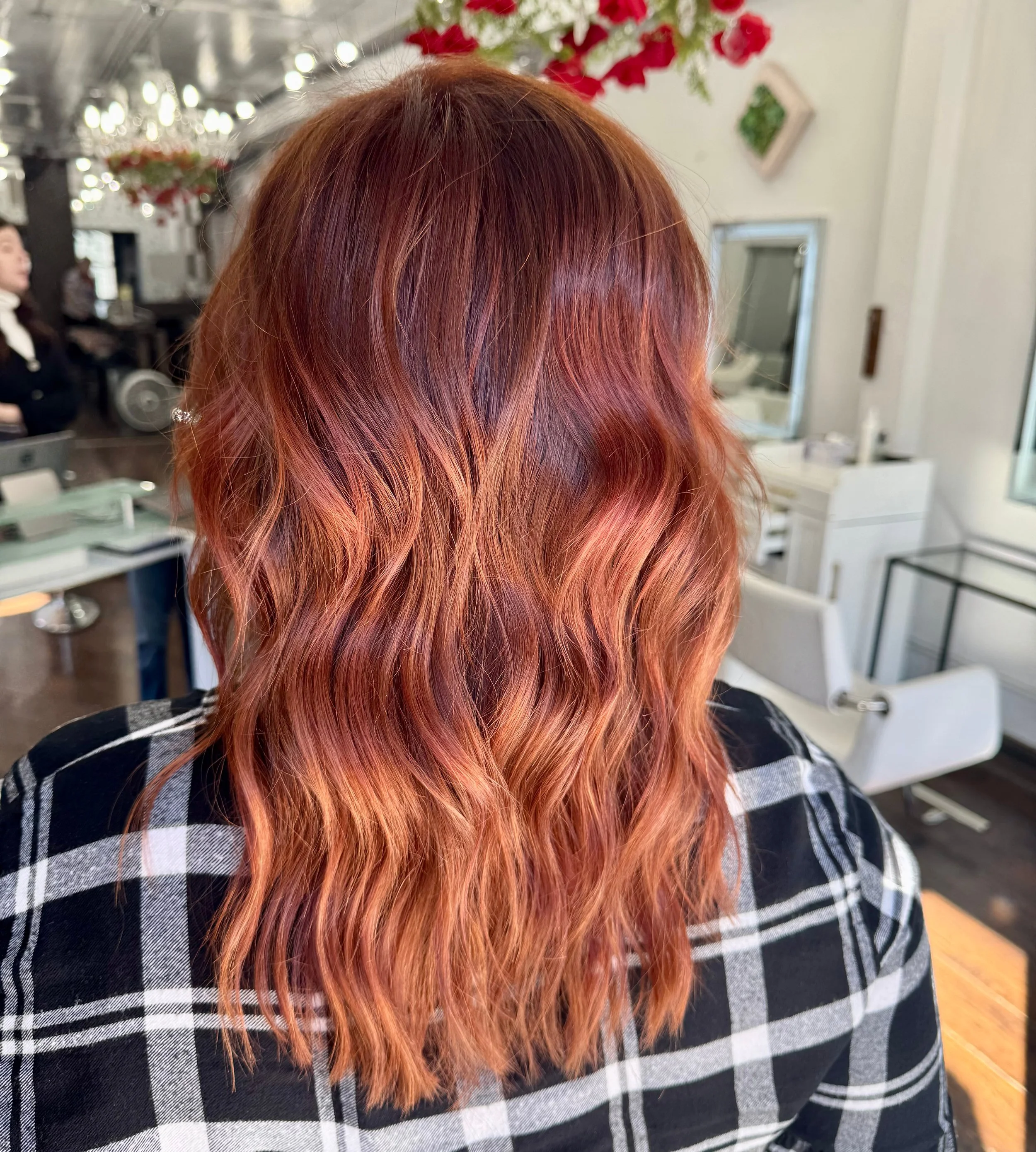 Vibrant red/copper with pops of highlights.