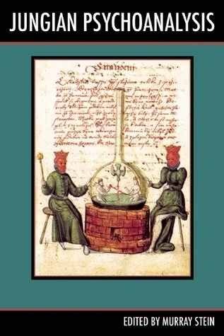 Cover of a book titled 'Jungian Psychoanalysis' edited by Murray Stein, featuring a historical illustration of two seated figures in green robes with red hats conducting an experiment or discussion around a glass apparatus.