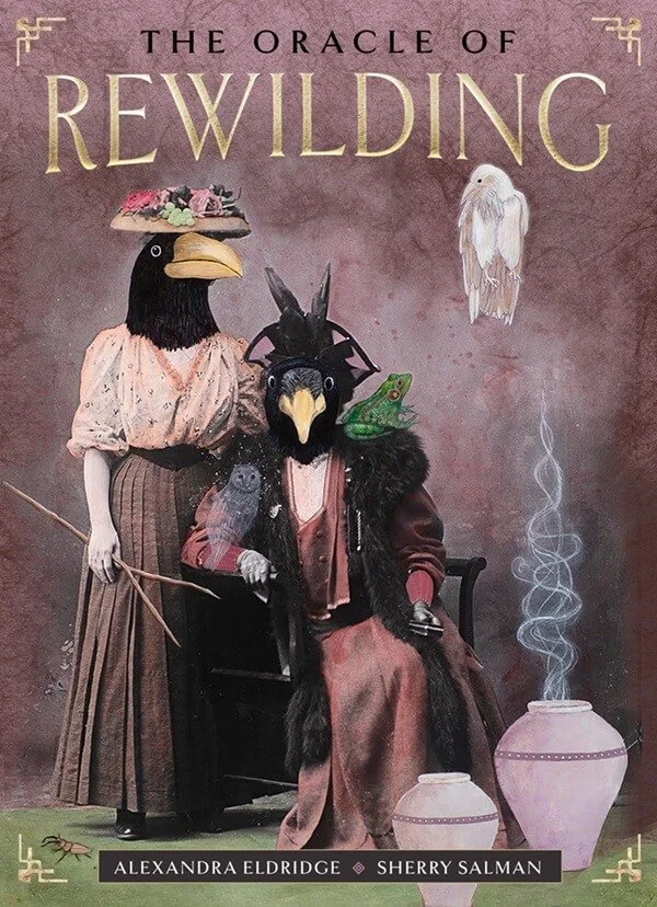 Book cover titled "The Oracle of Rewilding" with characters wearing animal masks and costumes, including a bird, a frog, and other creatures, standing and sitting in front of a pinkish background with two steaming pots.
