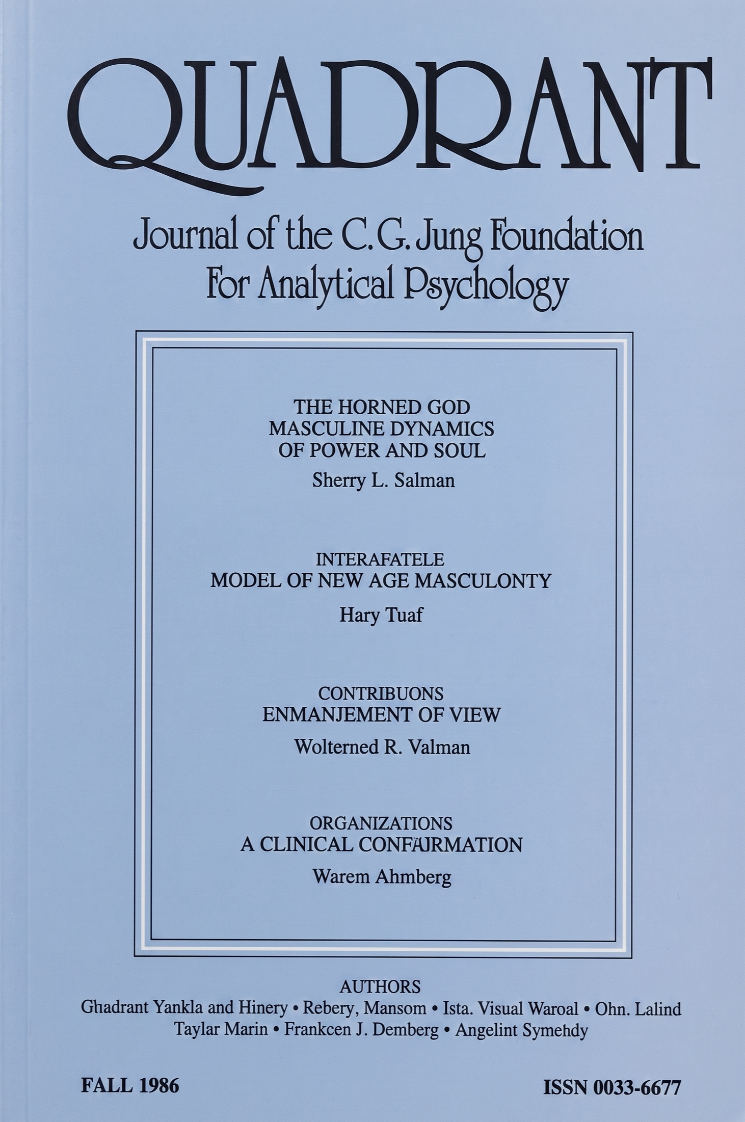 Cover page of the Quadrant journal, Fall 1986, volume 8, issue 1. Text includes the journal's title, 'Quadrant', and information about articles, authors, contributors, and organizations. The cover has a light blue background with black text.