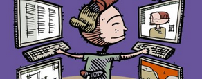 Cartoon character with three heads, working at multiple computer screens with website pages open. Cover image for Dreams of Totality's excerpt of "Not Taboo, but a Little Creepy".