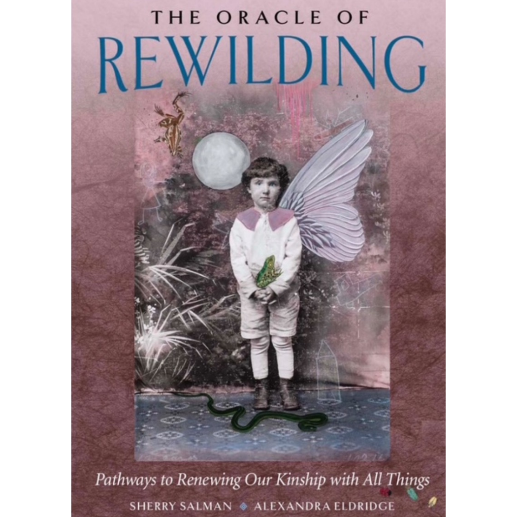 Book cover titled "The Oracle of Rewilding: Pathways to Renewing Our Kinship with All Things" by Sherry Salman and Alexandra Eldridge. The cover features an image of a young child with fairy wings, standing outdoors under a full moon with a butterfly nearby, surrounded by nature and mystical elements.