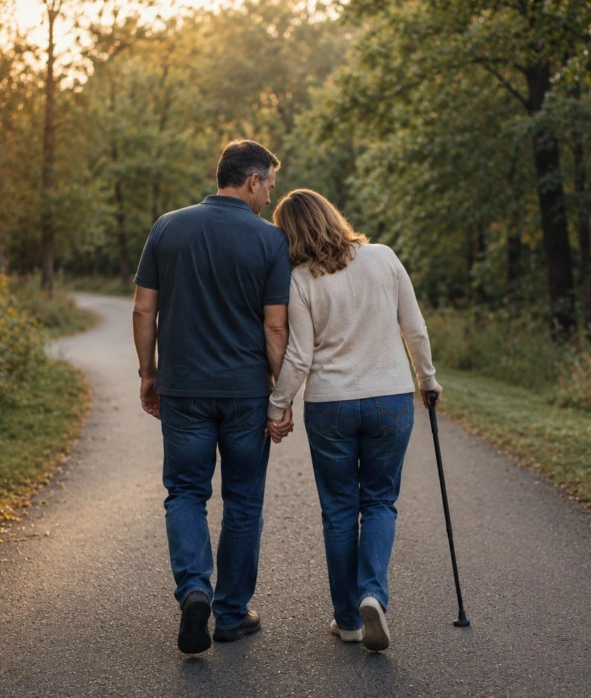 A couple walking hand in hand in a forested park during sunset, with one person using a cane.