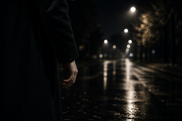 Person standing on a wet, empty street at night, illuminated by streetlights