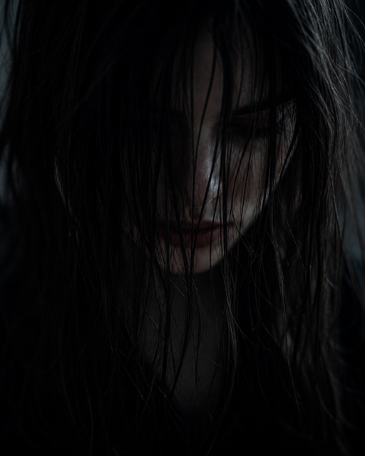 Close-up of a person with wet hair partially covering their face, showing a somber or intense expression.