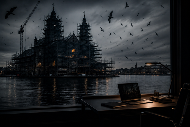 A dark, cloudy evening view through a window of a lakeside church under construction, with scaffolding around it, a flock of birds flying in the sky, and city lights reflecting on the water. Inside, a desk with a laptop and stationery is visible.