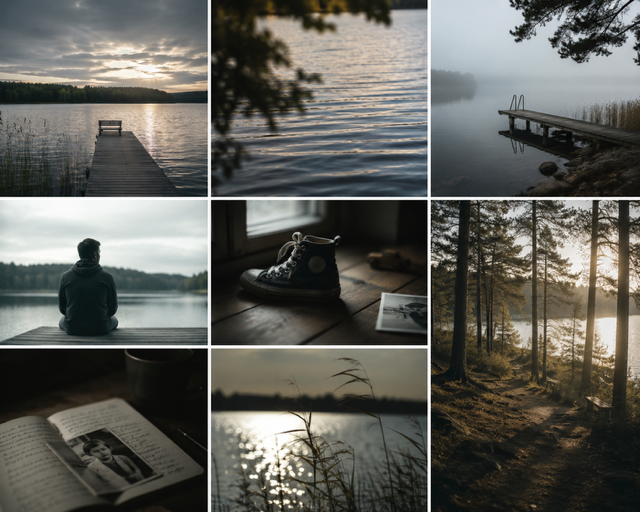 Collage of nine images depicting a lakeside setting, including a dock at sunset, water scene, person sitting by the lake, a sneaker and photograph on a windowsill, a wooded area with sunlight through the trees, an open book, and tall grass by the water at sunset.