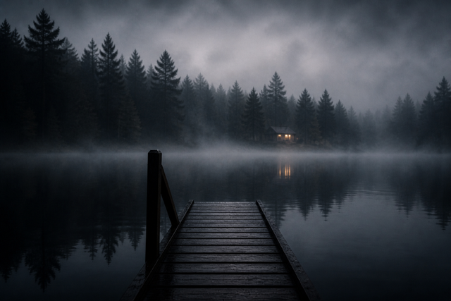 A wooden dock extending into a foggy lake surrounded by dark evergreen trees, with a house with lights on in the distance across the water.