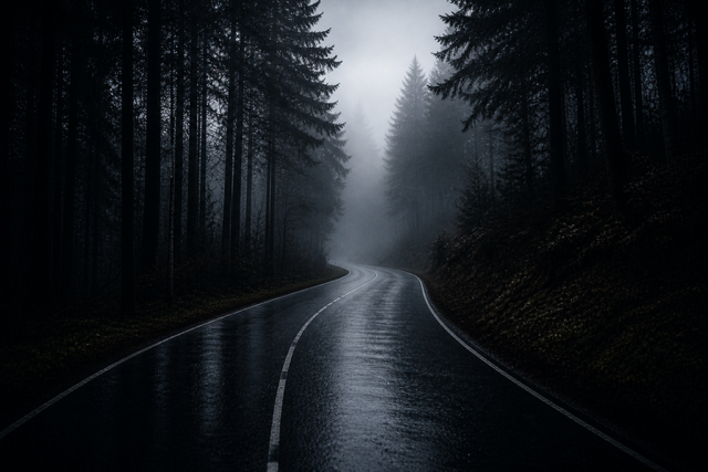 A wet, winding road through a foggy, dense forest with tall pine trees on either side.