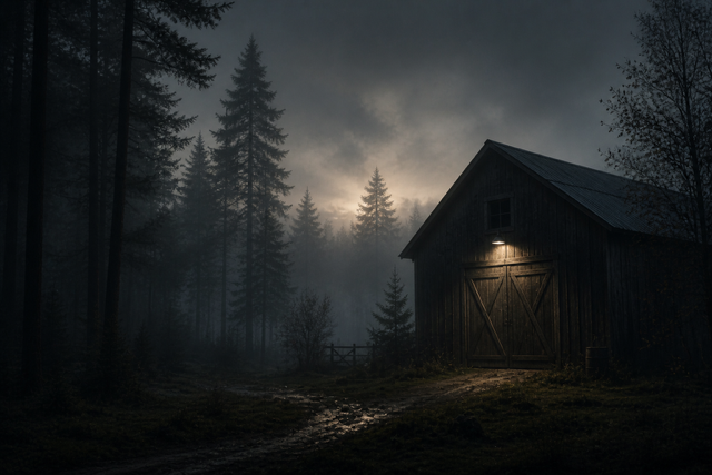A dark, foggy forest scene with tall trees and a wooden barn with a lit exterior light.