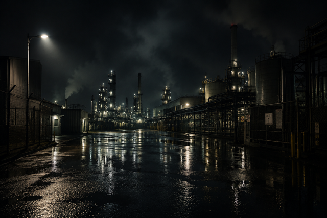 Nighttime view of an industrial factory or refinery with lit smokestacks and pipes, reflecting off wet ground.