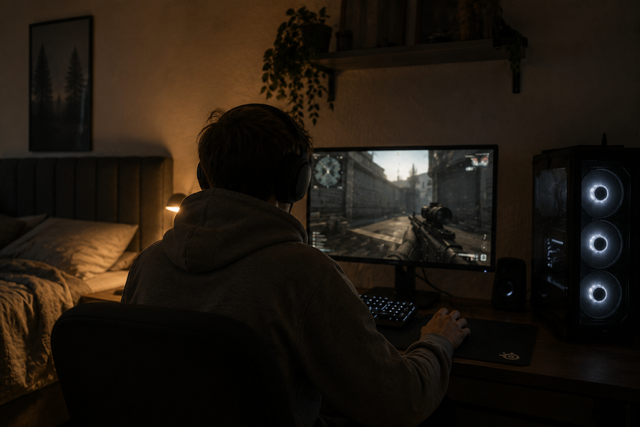 Person playing a first-person shooter video game on a computer in a dimly lit bedroom.