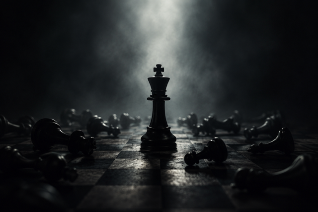 A chess king piece stands upright on a chessboard surrounded by fallen chess pieces, with a foggy background.