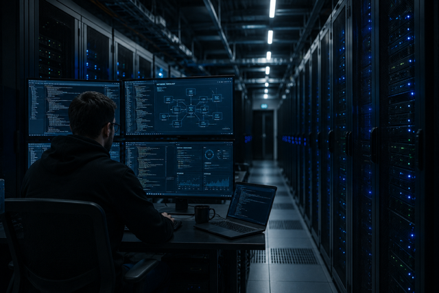 A person working at a desk in a server room with multiple computer monitors displaying code and network diagrams.