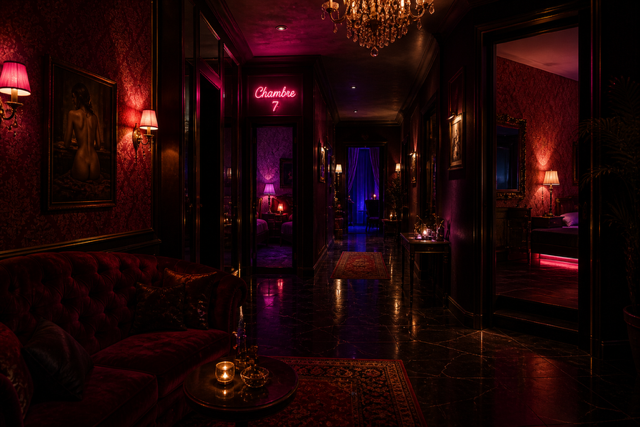 Dimly lit luxurious corridor with velvet curtains, ornate furniture, and neon signs, indicating a hotel or nightclub setting.