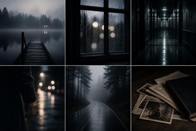Six images showing a foggy lake dock at dusk, rain on a window, a dimly lit corridor, a person walking at night, a foggy forest road, and a stack of photographs and a notebook.