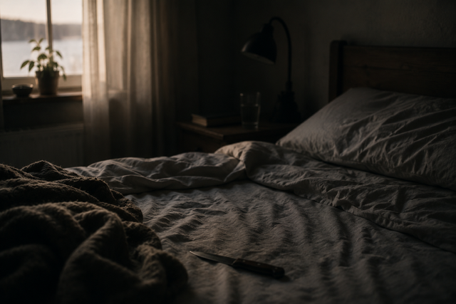 Unmade bed in a dimly lit bedroom with a window, potted plant, nightstand, and lamp in the background.