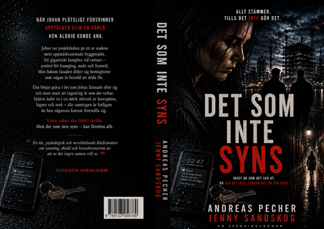 The book cover of a Swedish novel titled 'Det som inte syns' by Andreas Pecher and Jenny Sandskog. The cover features a dark, rainy cityscape with skyscrapers and streetlights reflected in wet pavement. In the foreground, a woman with long hair is seen in profile, looking downward. The author's names and title are prominently displayed, with the title in large, bold white and red lettering.