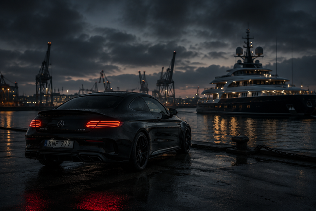 A black Mercedes-Benz car parked at a harbor with a luxury yacht in the background during evening or dusk, with dark cloudy skies.