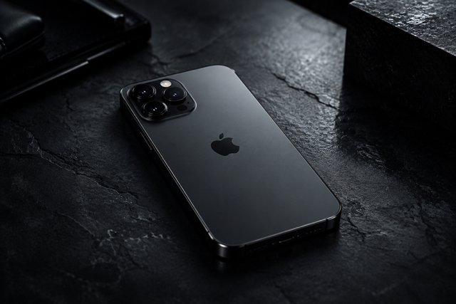 Black iPhone with triple camera lenses on a dark textured surface.