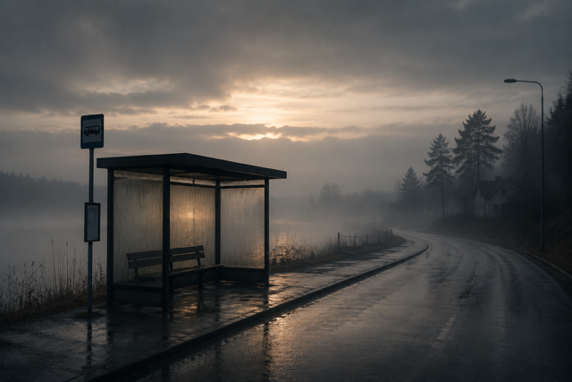 Empty bus stop shelter on a rainy, foggy road at dawn with a bench inside, streetlight, and trees in the background.