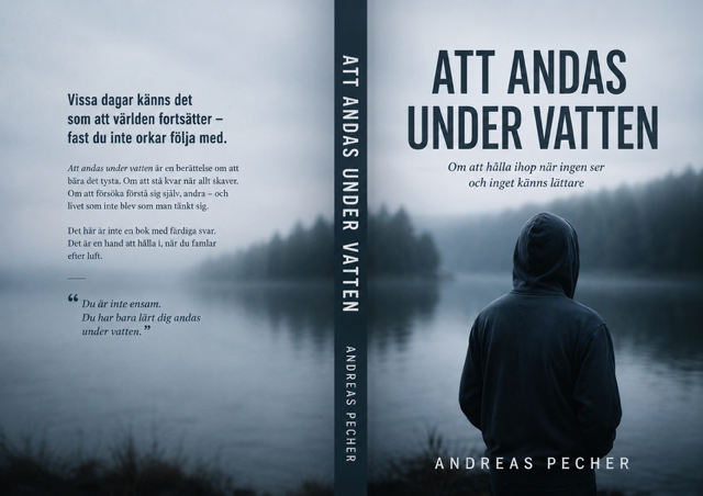 Book cover titled "Att Andas Under Vatten" by Andreas Pecher, showing a person in a hooded jacket standing by a misty lake with trees and fog in the background.