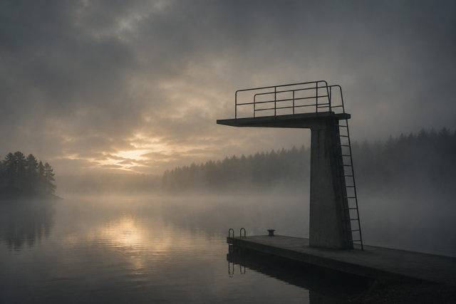 A diving platform extends over a foggy lake at sunrise, with trees in the background.