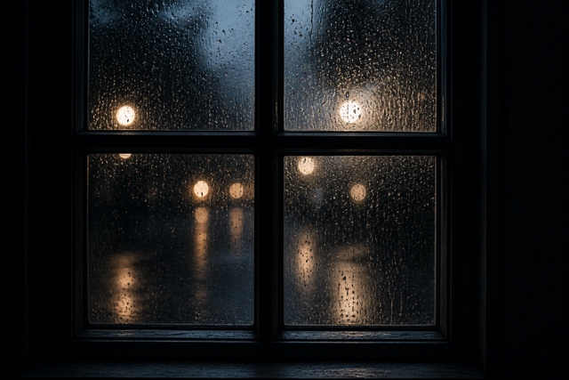 Rain outside a window with water droplets on the glass, illuminated by streetlights at night.