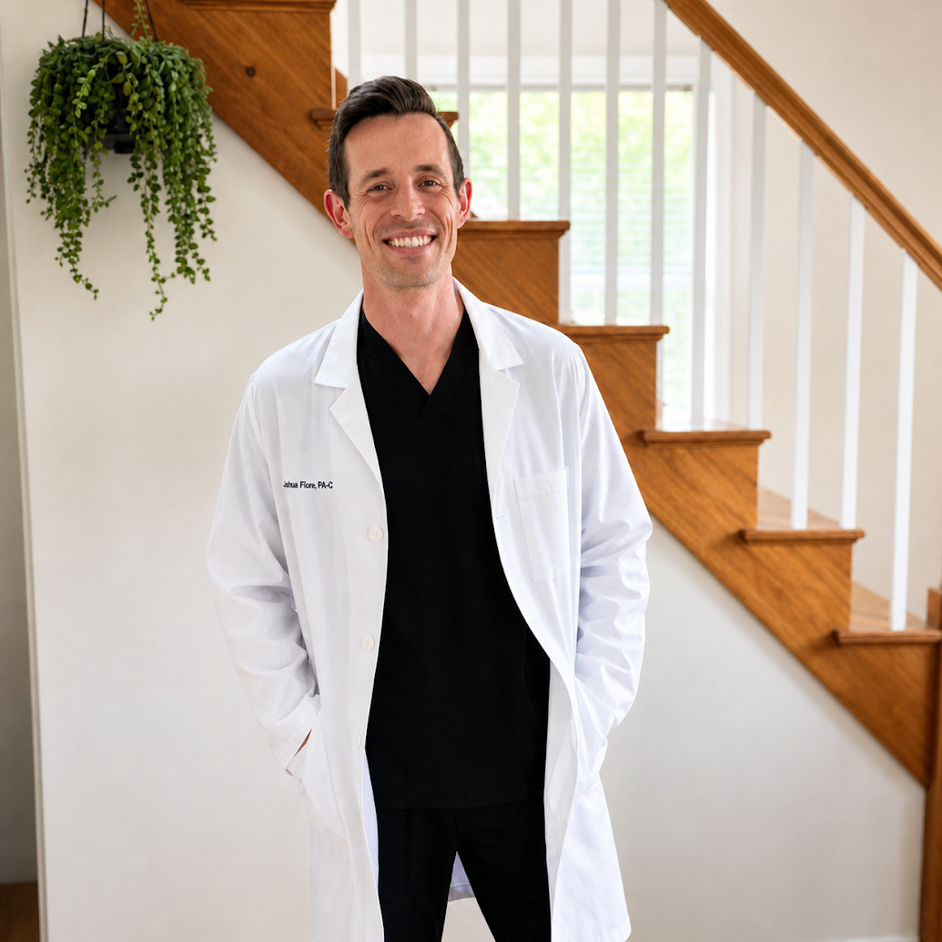 A male doctor stands inside a house near a staircase, wearing a white lab coat over black scrubs, smiling with his hands in his pockets.