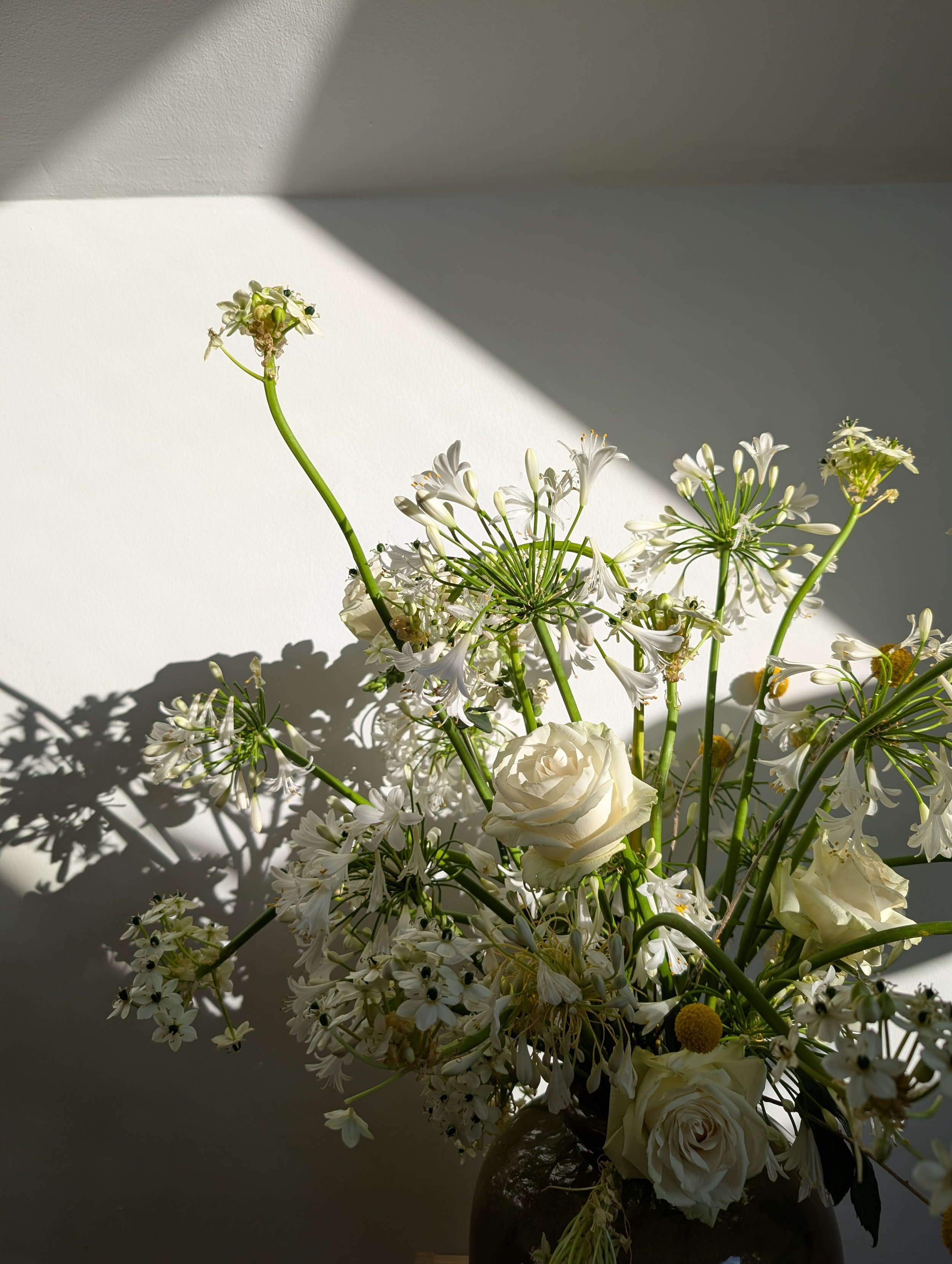 A floral arrangement in a dark vase with white roses, small white and yellow flowers, and greenery, partially illuminated by sunlight creating shadows on a plain white wall.