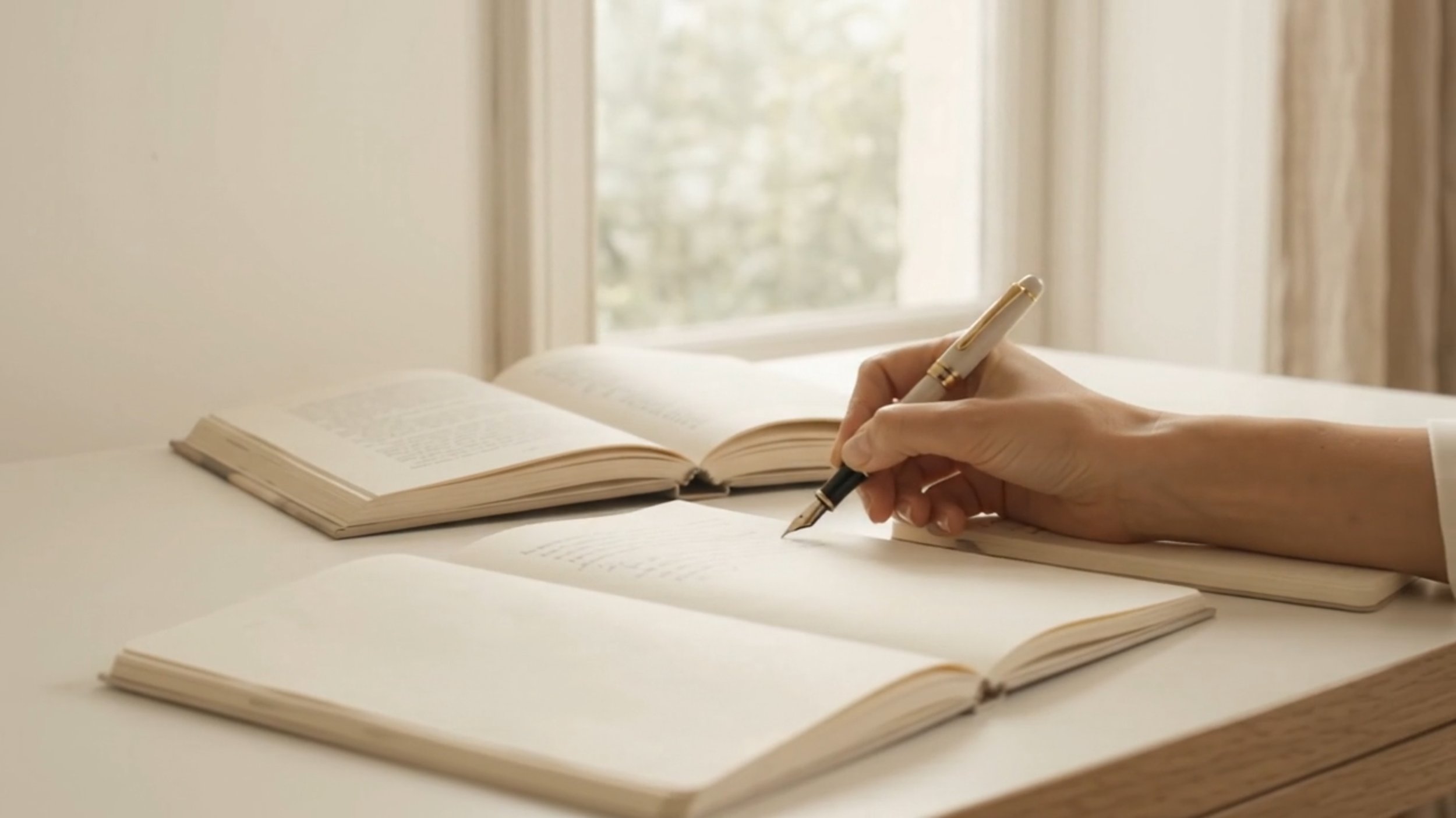 Mano escribiendo en un libro abierto en una mesa con otra libreta cerrada, cerca de una ventana con cortinas claras