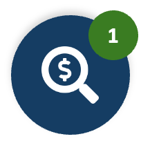 Magnifying glass with a dollar sign inside it, and a green circle with the number 1