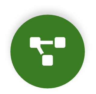 Icon of interconnected nodes in a flowchart or network diagram on a green circular background.