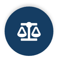 Scales of justice icon inside a dark blue circle