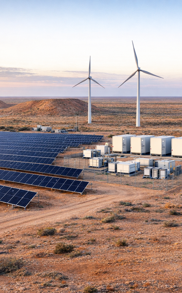 An expansive renewable energy site featuring solar panels, two wind turbines, and various power equipment in a desert landscape. An artistic impression of Coober Pedy Renewable Hybrid Power Station.