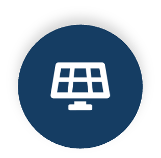 Icon of a solar panel inside a dark blue circle.