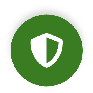 A white shield icon on a green circular background.