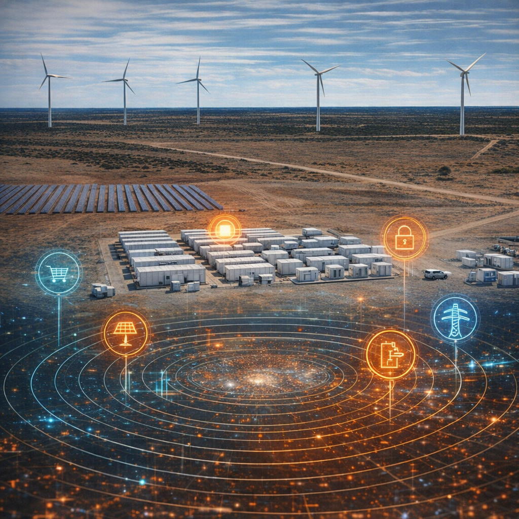 An expansive landscape featuring wind turbines and solar panels with icons representing solar energy, power grid, data storage, and security overlaid, symbolizing renewable energy infrastructure and smart grid technology.