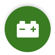 Battery icon with plus and minus signs on a green circular background.