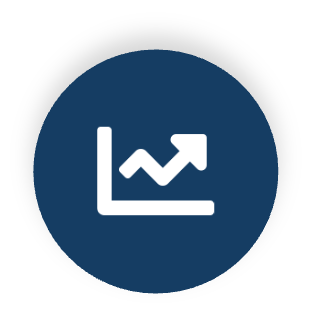 A blue circle with a white upward trending line graph icon representing growth or progress.