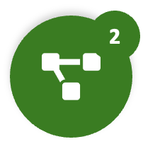 Green circle with a white network diagram and a speech bubble containing the number 2.