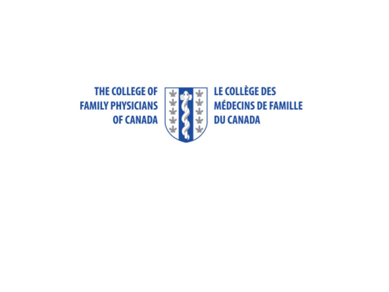 Logo of the College of Family Physicians of Canada featuring a shield with a serpent wrapped around a staff, flanked by maple leaves, with text in English and French.