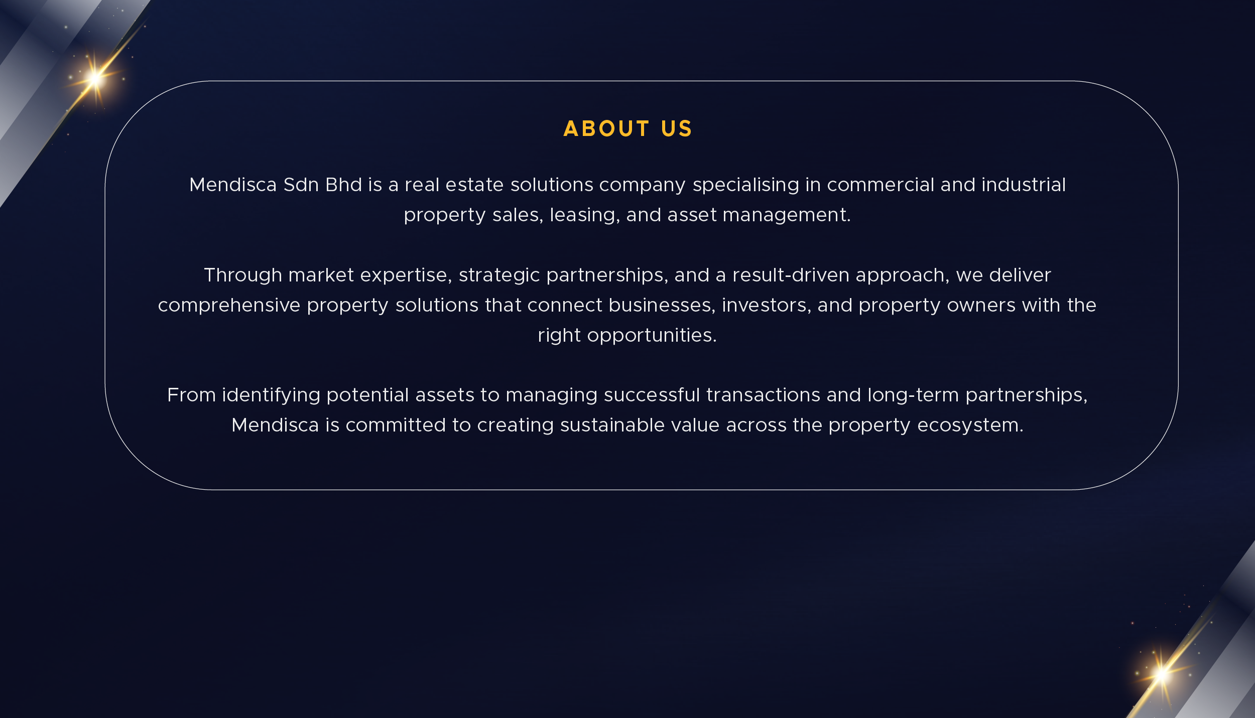 About us page for Mendisca Sdn Bhd, a real estate solutions company, with a dark blue background and decorative gold and silver accents.