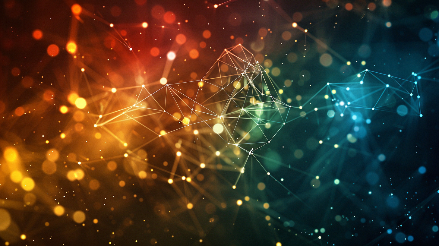 Abstract digital network with interconnected lines and dots in warm orange, yellow, green, and cool blue tones.