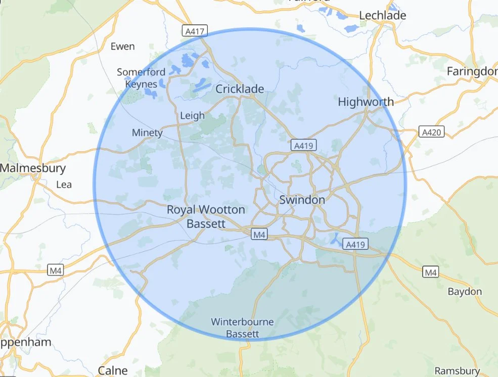Mobile sports therapy coverage area map showing Swindon and surrounding areas, including Royal Wootton Bassett, Cricklade and Highworth