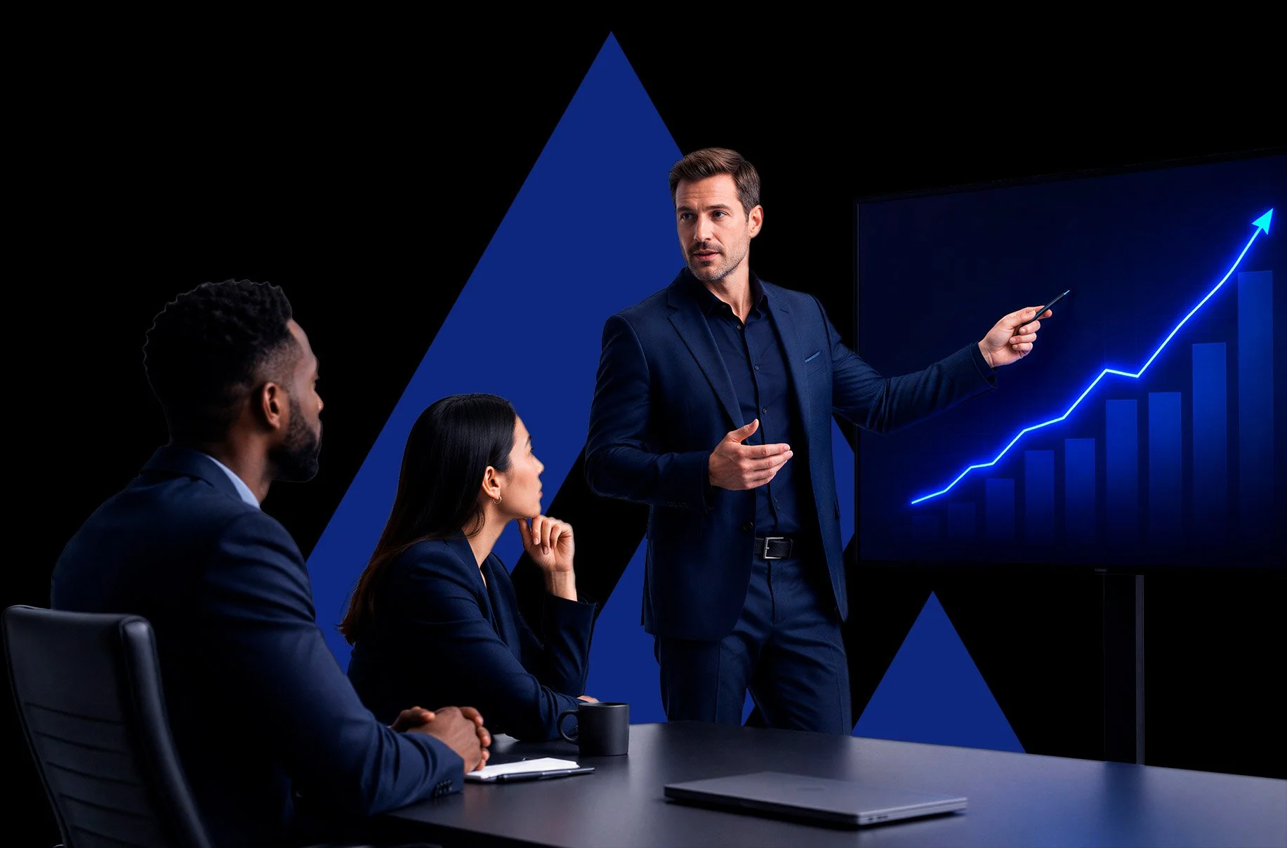 Business meeting with a male presenter in a dark suit pointing at a rising stock chart on a screen, while three colleagues, two men and one woman, in suits listen attentively in a modern conference room.
