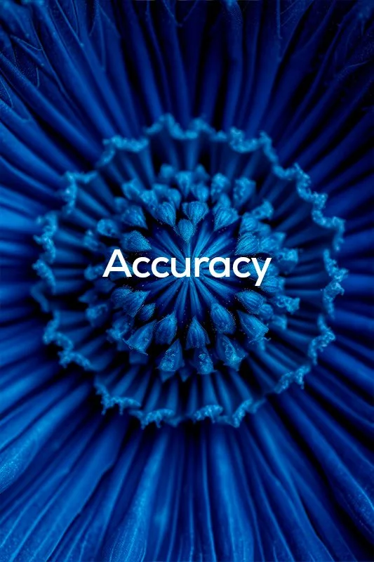 Close-up of a blue flower with the word 'Accuracy' overlaid in white text.