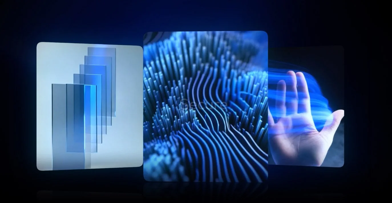 Futuristic digital interface with layered blue graphics, circuit-like patterns, and a hand interacting with a virtual display.